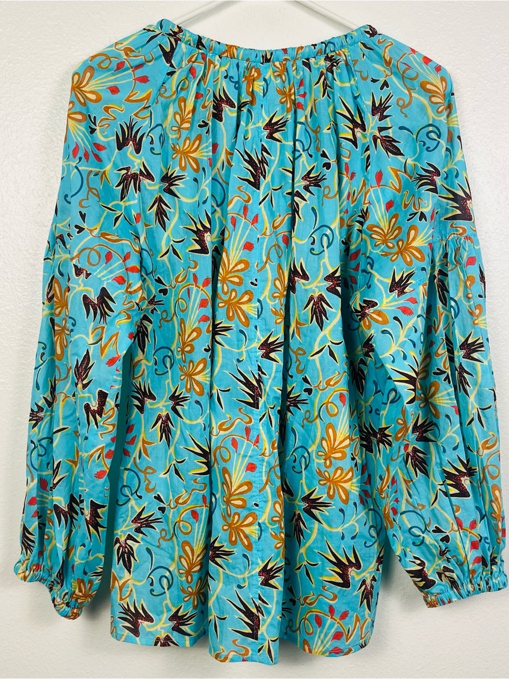A.L.C. Size 10 Capri Aqua Blue Floral Long Sleeve Popover Blouse Top - Picture 6 of 6
